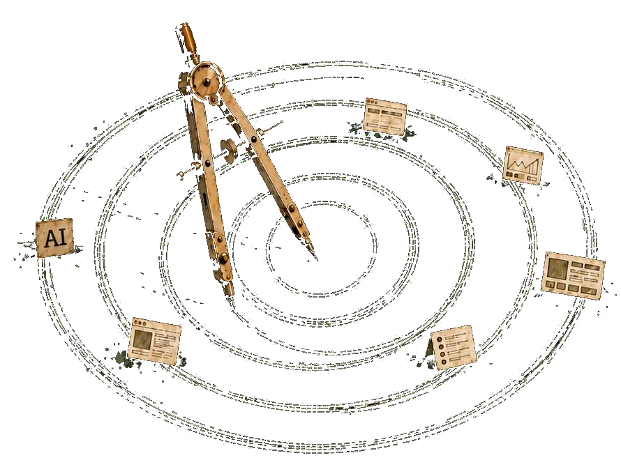 A pair of compasses drawing circles around scattered feature cards