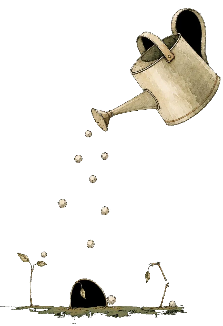 A watering can pouring onto seedlings that are not ready yet; some are wilting